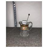 CUT GLASS PITCHER W/ HAND-PAINTED FLORAL BAND,