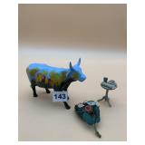 FLORAL PAINTED COW FIGURINE, MINIATURE METAL