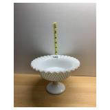 MILK GLASS FOOTED BOWL, HOBNAIL PATTERN, RUFFLED