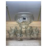 PRESSED GLASS PUNCH BOWL SET (9 PC), GRAPE MOTIF.
