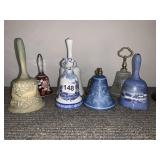 ASSORTED DECORATIVE BELLS, CERAMIC, GLASS,