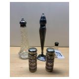 ASSORTED SHAKERS, FOOTED METAL PEPPERETTE, METAL