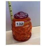 AMBER PRESSED GLASS COVERED JAR, MOON & STAR