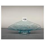 BLUE ETCHED GLASS FOOTED DISH, SQUARE SHAPE,
