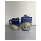 POTTERY LIDDED JAR W/ "96", TWO-TONE MUG, "OIL"