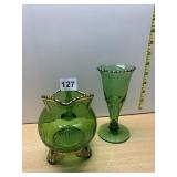 GREEN GLASS DECORATIVE PITCHER & FOOTED VASE,