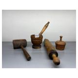 WOODEN KITCHEN UTENSILS: MORTAR & PESTLE, ROLLING