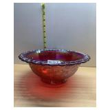 VTG CARNIVAL GLASS FOOTED BOWL, RED IRIDESCENT,
