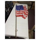 AMERICAN FLAG, WOODEN POLE, EAGLE FINIAL, ROPE.