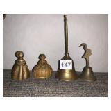 ASSORTED BRASS BELLS, FIGURAL WOMEN, HERON