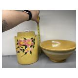 GLASS FLOWER DECORATED JAR AND POTTERY MIXING