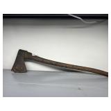 ANTIQUE BROAD AXE, IRON HEAD, WOODEN HANDLE.
