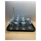 IRIDESCENT STEMMED GLASSES (8) W/ SERVING TRAY.