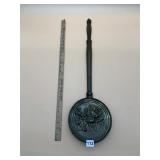 ENGLISH BRASS BED WARMER, WOOD HANDLE, EMBOSSED