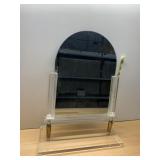 ACRYLIC MIRROR STAND, HALF-OVAL MIRROR, BRASS