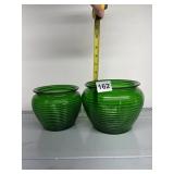 GREEN RIBBED GLASS PLANTERS.