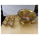 CARNIVAL GLASS PUNCH BOWL SET, IRIDESCENT