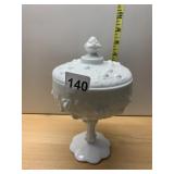 MILK GLASS COVERED CANDY DISH, PEDESTAL BASE,