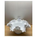 MILK GLASS RUFFLED BOWL, HOBNAIL PATTERN.