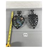 CAST IRON TRIVETS, FLORAL OPENWORK, PAINTED BIRD