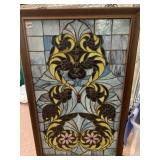 FRAMED STAINED GLASS PANEL, FLORAL SCROLLWORK