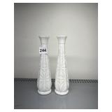 MILK GLASS VASES, GEOMETRIC FACETED DESIGN (PR).