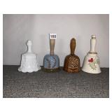 MILK GLASS & CERAMIC DECORATIVE BELLS, WOOD