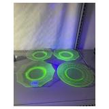 4  URANIUM GLASS DINNER PLATES, ROUND AND