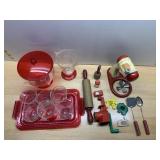 TOY KITCHEN UTENSILS, RED PLASTIC MIXER, WOODEN