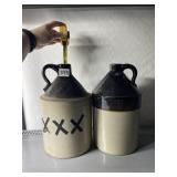 VTG STONEWARE JUGS, TWO-TONE GLAZE, ONE W/ XXX