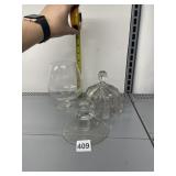 ETCHED GLASS GOBLET, PRESSED GLASS FOOTED CANDY
