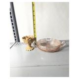 PINK GLASS DIVIDED CANDY DISH, CANDLE HOLDER W/