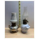 VTG OIL LAMP, MILK GLASS W/ CLEAR HURRICANE,
