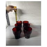 RUBY RED PRESSED GLASS TUMBLERS, RIBBED BASE.