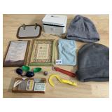KNITTED HATS, FRAMED QUOTES, COHIBA CIGAR BOX,