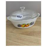 MILK GLASS OVENWARE BOWL W/ LID, FRUIT MOTIF,