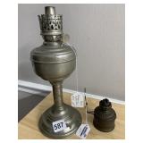 ANTIQUE METAL OIL LAMP, PATINATED FINISH,