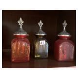 DECORATIVE GLASS JARS, FLEUR-DE-LIS PEWTER-TONE