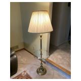 BRASS-TONE FLOOR LAMP W/ GLASS TRAY TABLE,