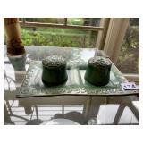 T LOUIS CERAMIC SALT & PEPPER SHAKERS W/ TRAY,