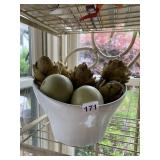 WHITE CERAMIC BOWL W/ FAUX ARTICHOKES & FRUIT
