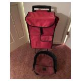 RED ROLLING SHOPPING BAG CART, RED BACKPACK.