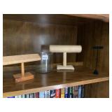 ASSORTED JEWELRY DISPLAY STANDS, CLEAR GLASS JAR.