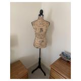 FEMALE MANNEQUIN TORSO, BURLAP W/ SCRIPT PRINT,