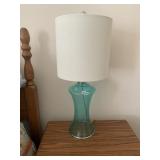TEAL GLASS TABLE LAMP, WHITE FABRIC SHADE W/ TEAL