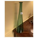 VTG GREEN GLASS VASE, TALL CONICAL FORM.