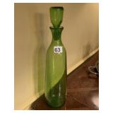 VTG GREEN GLASS DECANTER W/ CONICAL STOPPER, TALL