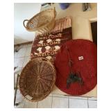 ASSORTED KITCHEN DECOR W/ WICKER BASKETS, WELCOME