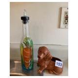 HAND-PAINTED GLASS OIL BOTTLE W/ SPOUT, CERAMIC