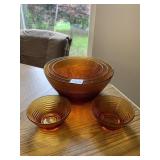 AMBER GLASS NESTING BOWLS, RIBBED DESIGN,